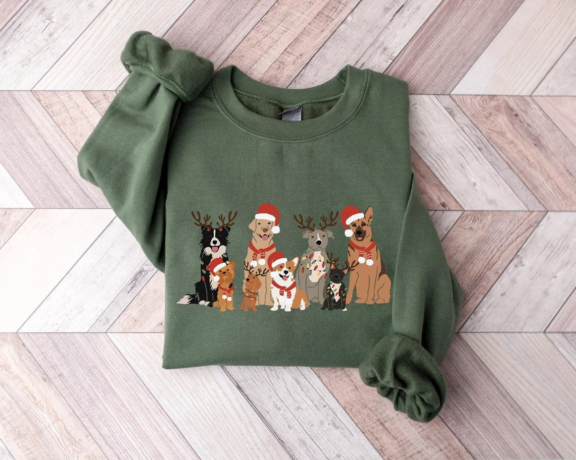 Christmas Dogs Military Green Sweatshirt Shirt Union